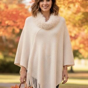 Steve Madden Cream Faux Fur Cowl Fringe Asymmetrical Poncho OS
